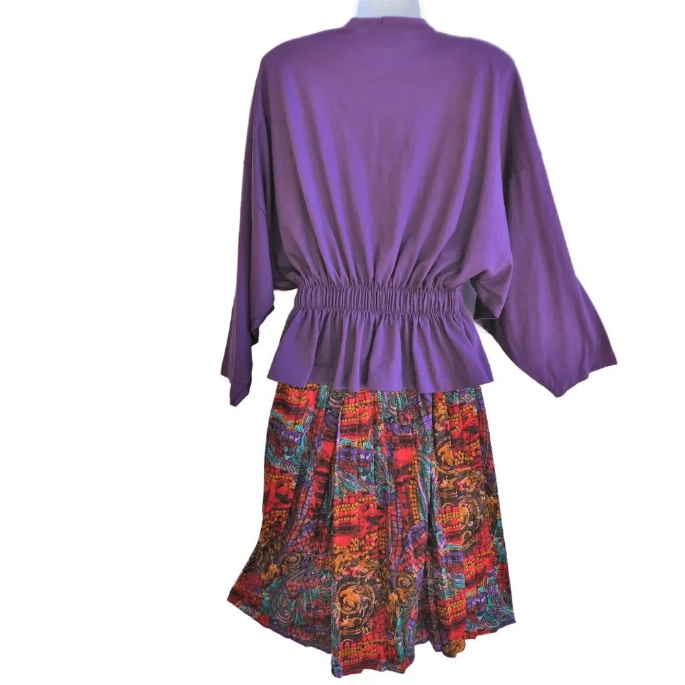 70s Vintage Pleated Midi Skirt Psychedelic Drop Waist Nylon Knit Mesh Elastic L